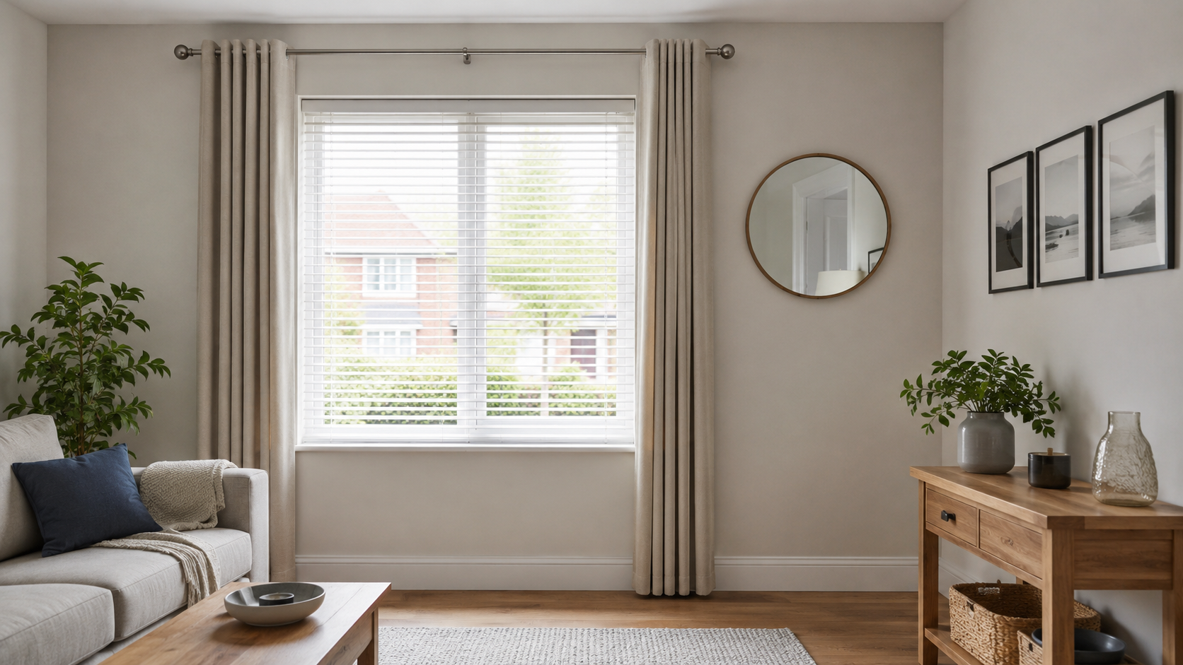 Fitted curtain pole, blind, mirror and framed pictures in a living room