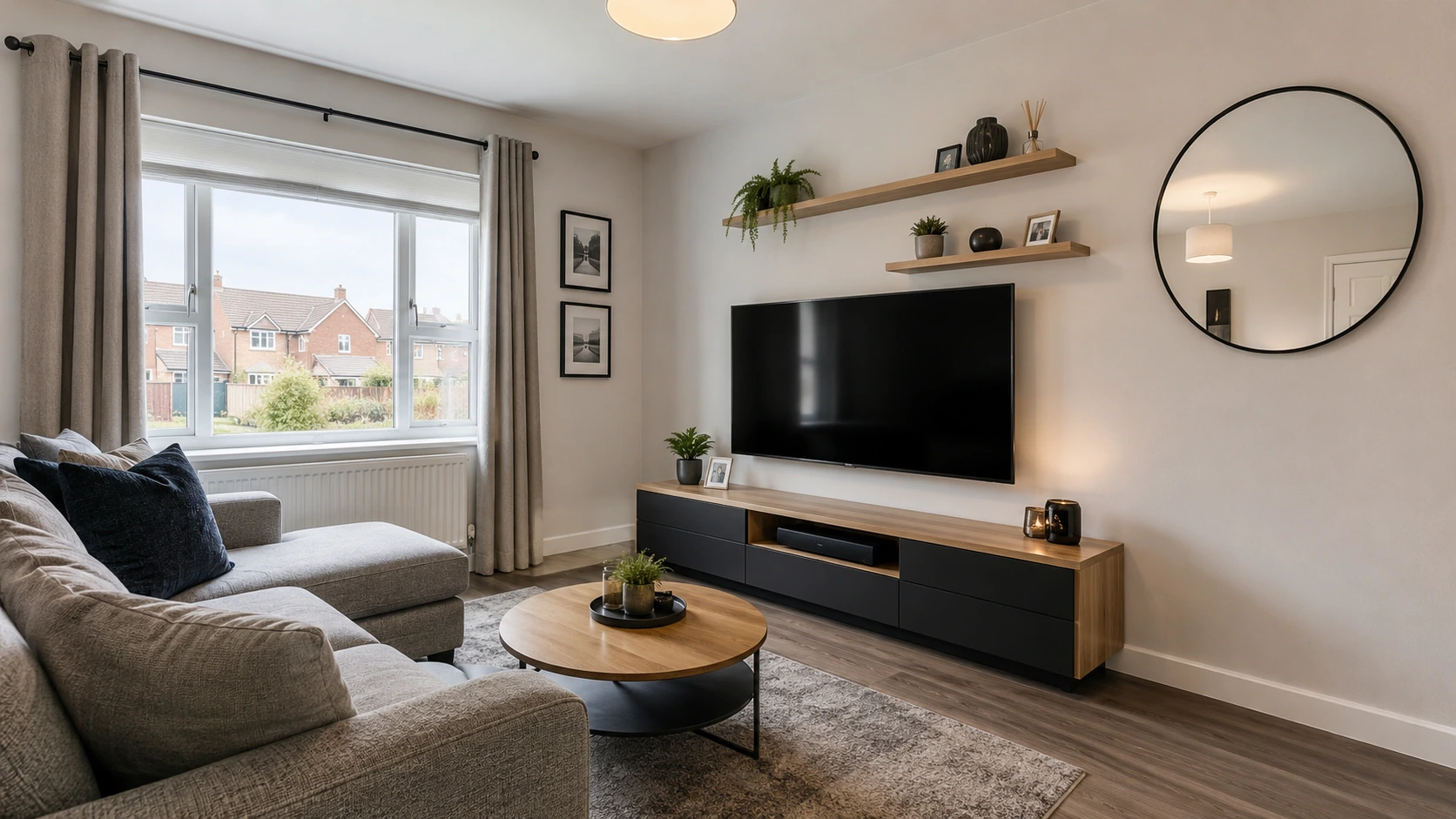 Living room with a wall-mounted TV, mirror and fitted shelves