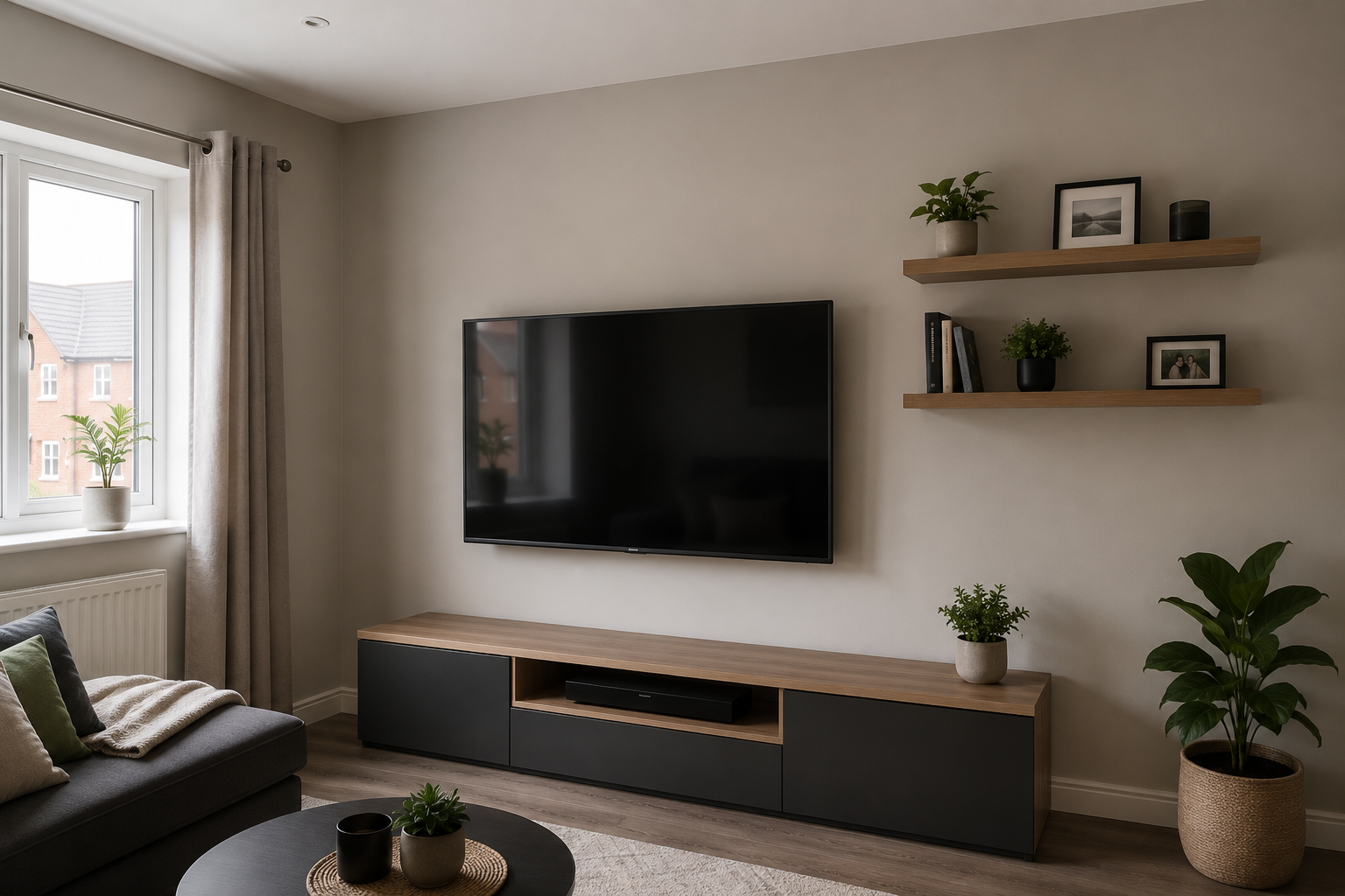 Wall-mounted television and fitted shelves in a living room