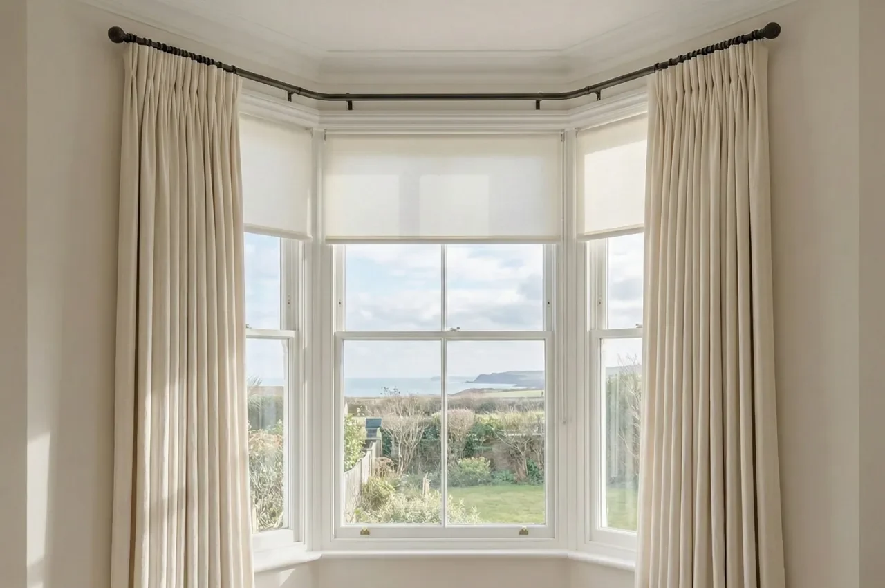 Bay window with neatly fitted roller blind and evenly hung curtains on a straight pole — Tyneside Handyman