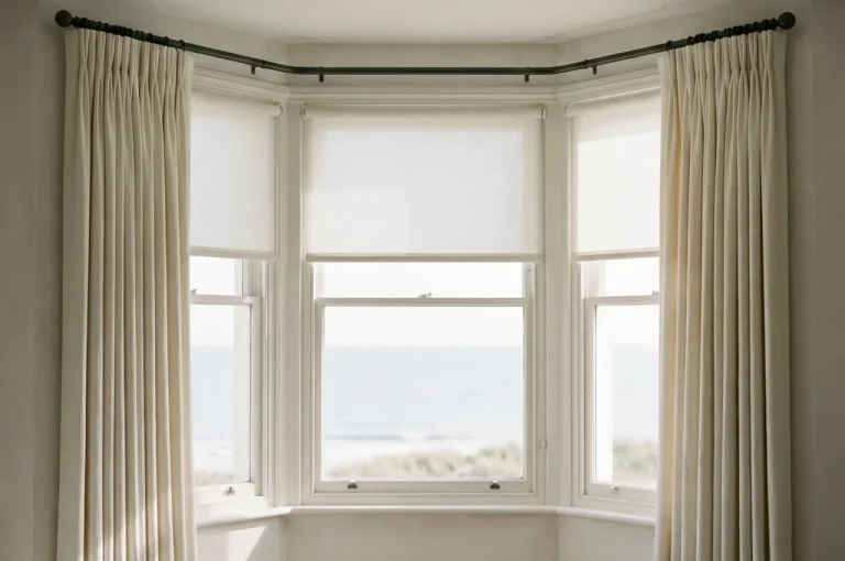Bay window with evenly hung curtains on a straight pole and a neatly fitted roller blind — Tyneside Handyman