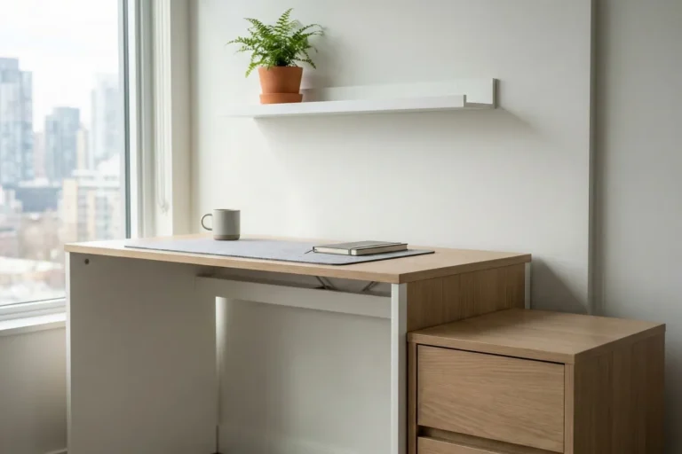 Assembled flat-pack desk and drawer unit in a compact city home office with tidy finish — Tyneside Handyman