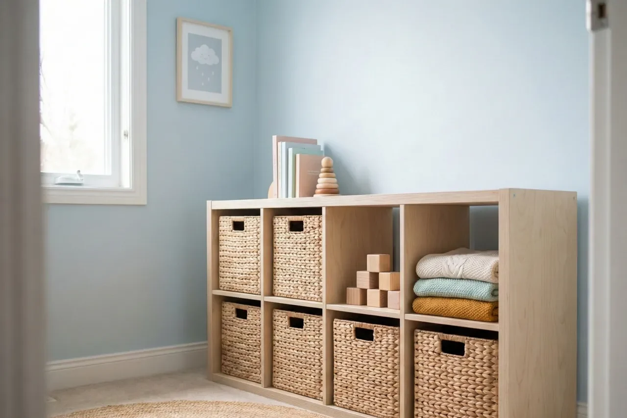 ssembled storage unit with neatly organised baskets in a tidy child’s bedroom — Tyneside Handyman