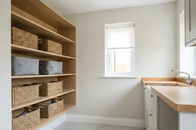 New-build utility room with neatly fitted storage shelves, baskets and a straight roller blind — Tyneside Handyman