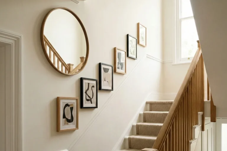 Stairwell gallery wall with aligned frames and a centred round mirror hung with even spacing — Tyneside Handyman