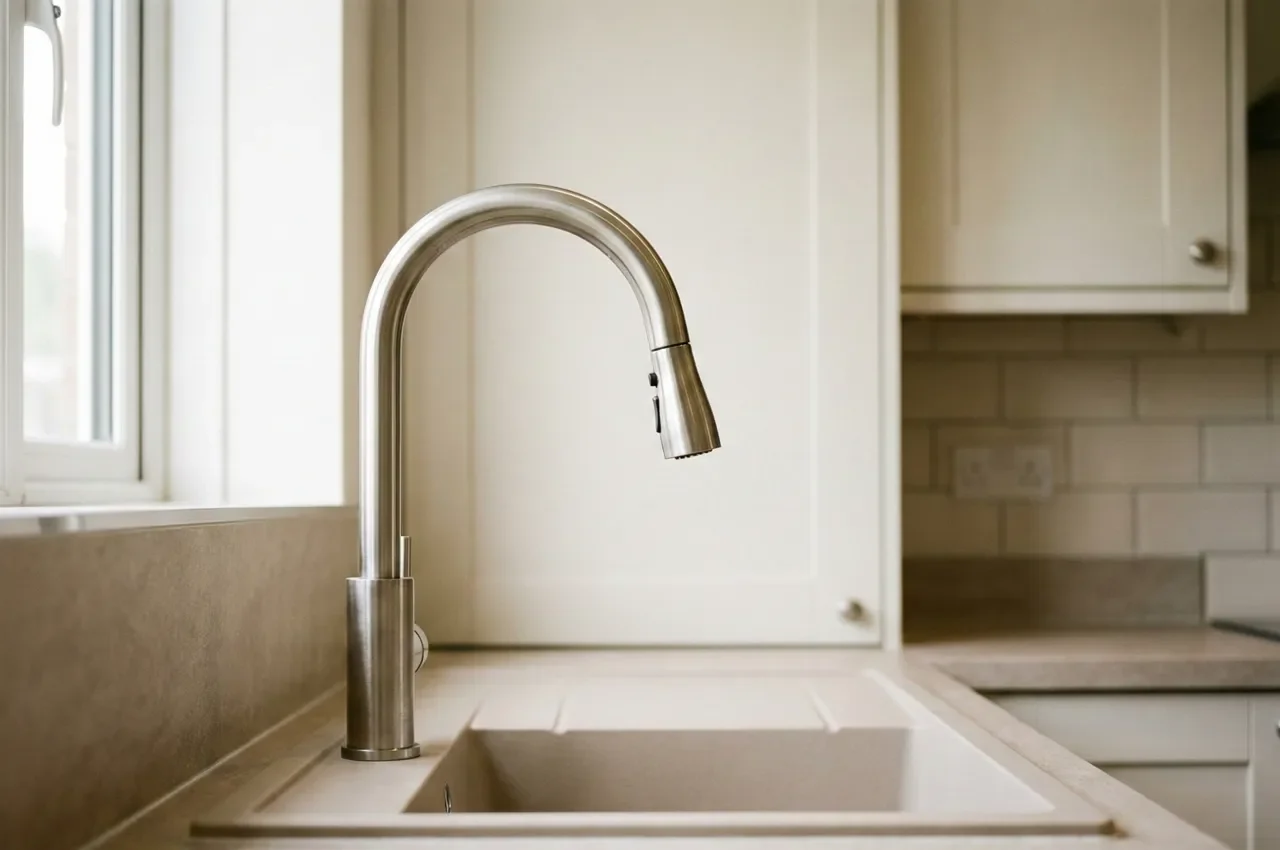 Newly fitted pull-out spray kitchen tap in a modern shaker kitchen, clean and dry finish — Tyneside Handyman