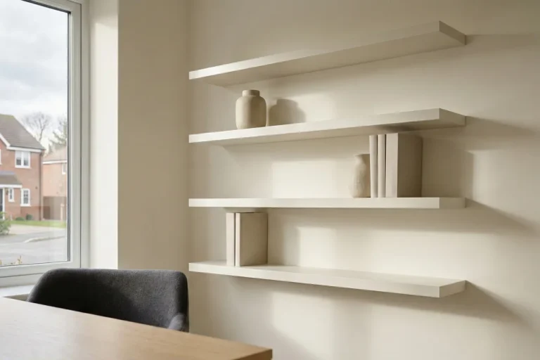 Floating shelves installed level and evenly spaced in a modern UK home office — Tyneside Handyman
