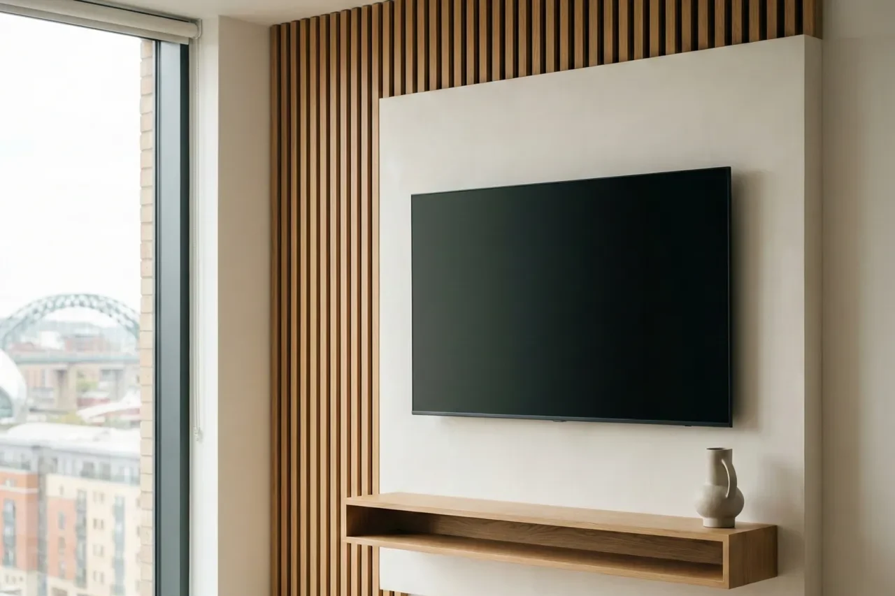Wall-mounted TV on a modern slatted feature wall with floating media shelf and tidy finish — Tyneside Handyman