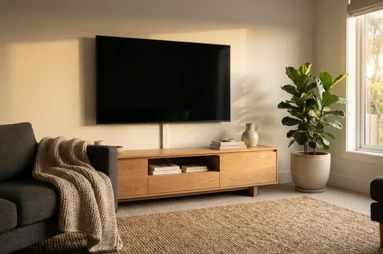 Wall-mounted TV above a media unit in a warm family living room with tidy cable concealment — Tyneside Handyman